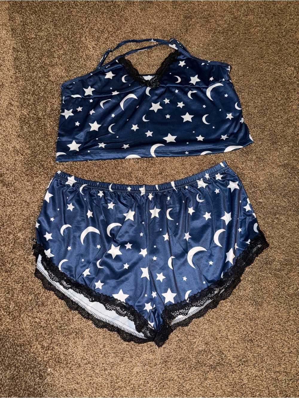 Night Sky Satin Lace Trim Sleep Set - Navy Moon & Star